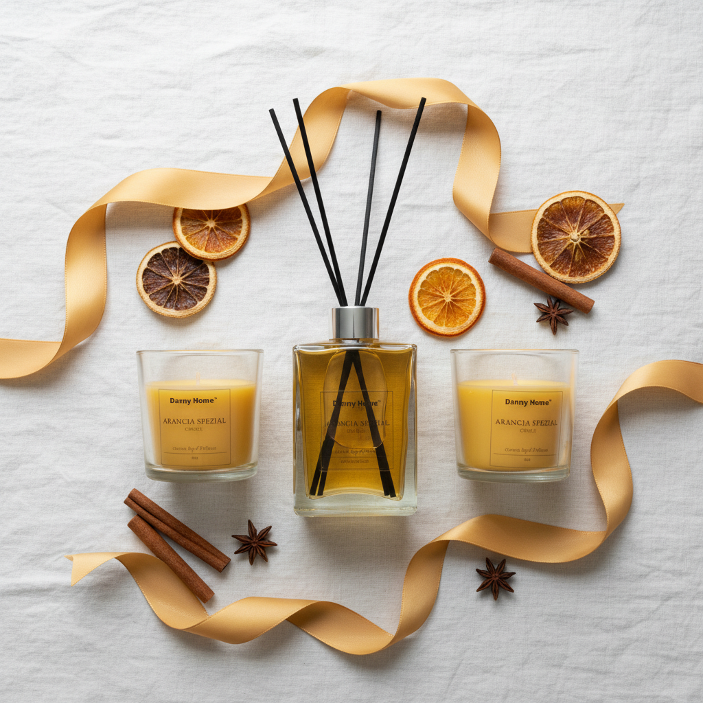 Overhead flat lay of Danny Home Arancia Spezial candles and diffuser on white linen with orange slices and star anise