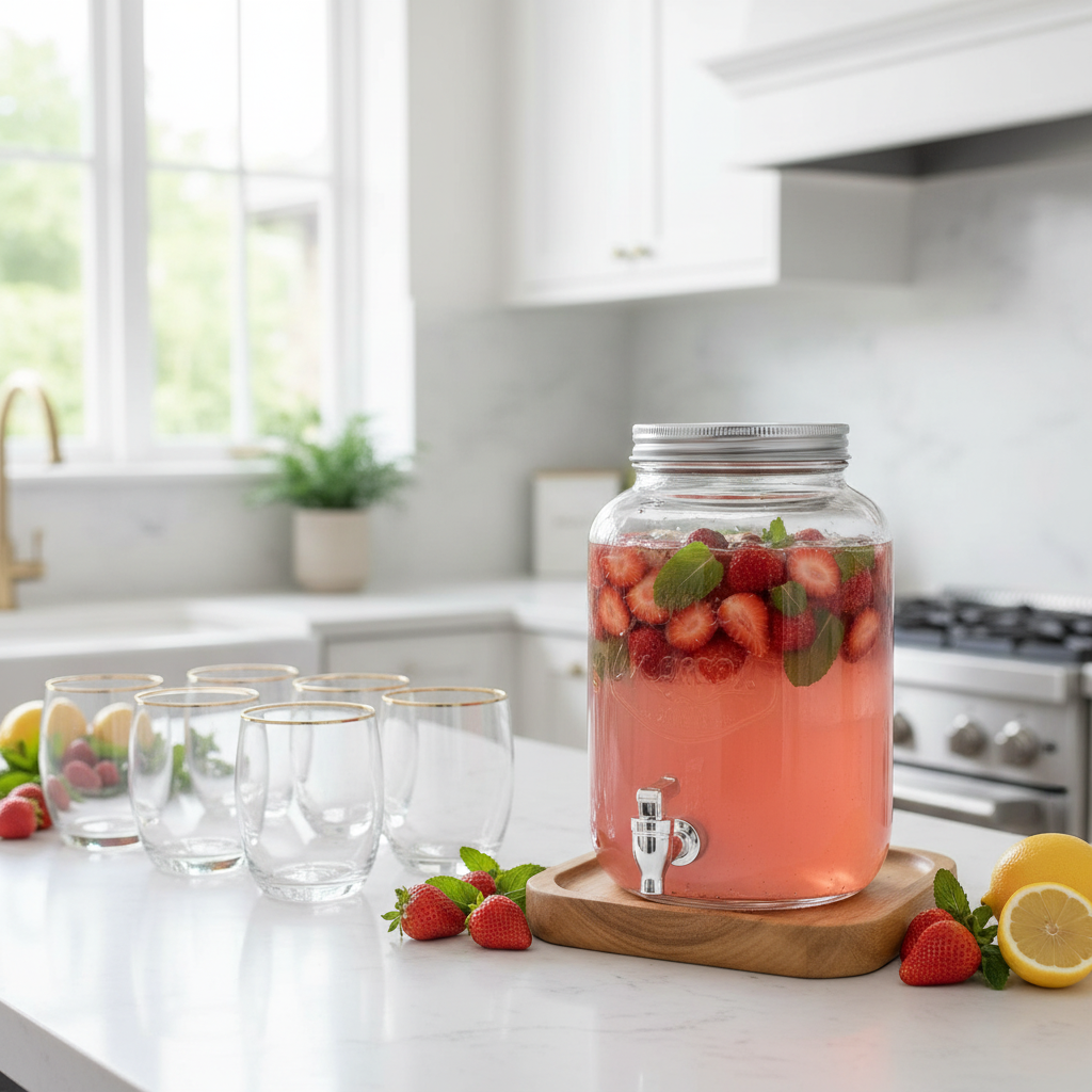 Drinks dispenser with strawberry lemonade on kitchen counter