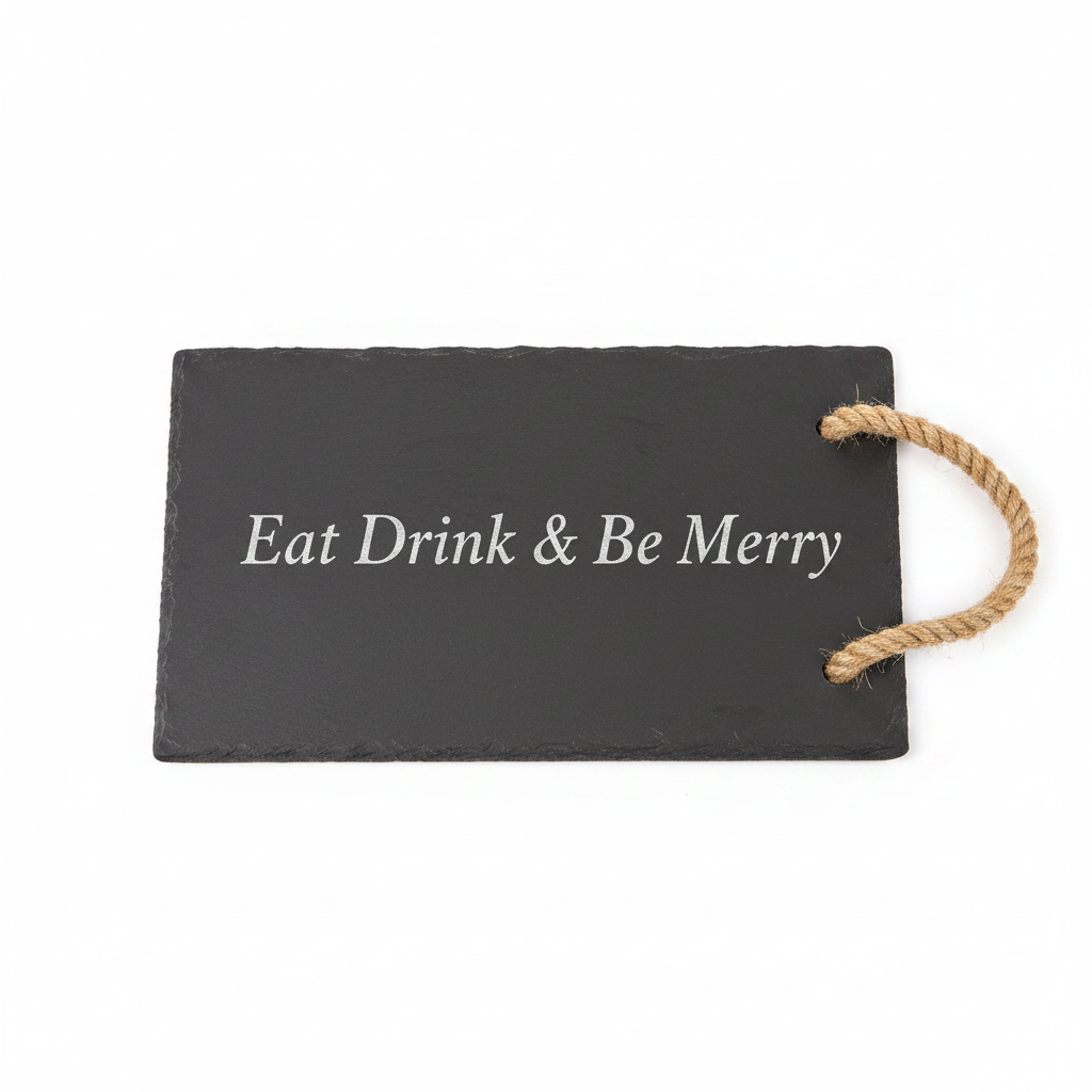 Danny Home slate tray set hero shot showing natural slate texture and Eat Drink Be Merry engraving