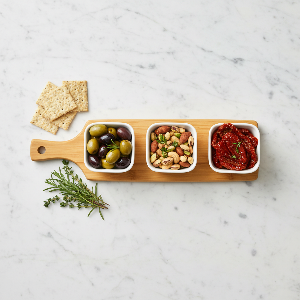 Overhead flat lay of bamboo paddle board with ceramic bowls of antipasto on marble surface