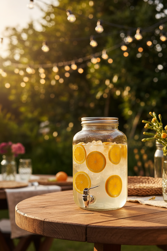 Glass drinks dispenser filled with citrus water at outdoor garden party