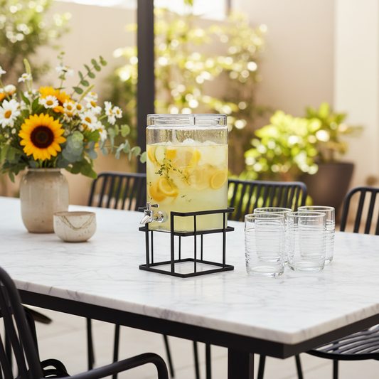 Glass drinks dispenser on black metal stand with citrus lemonade on marble outdoor table