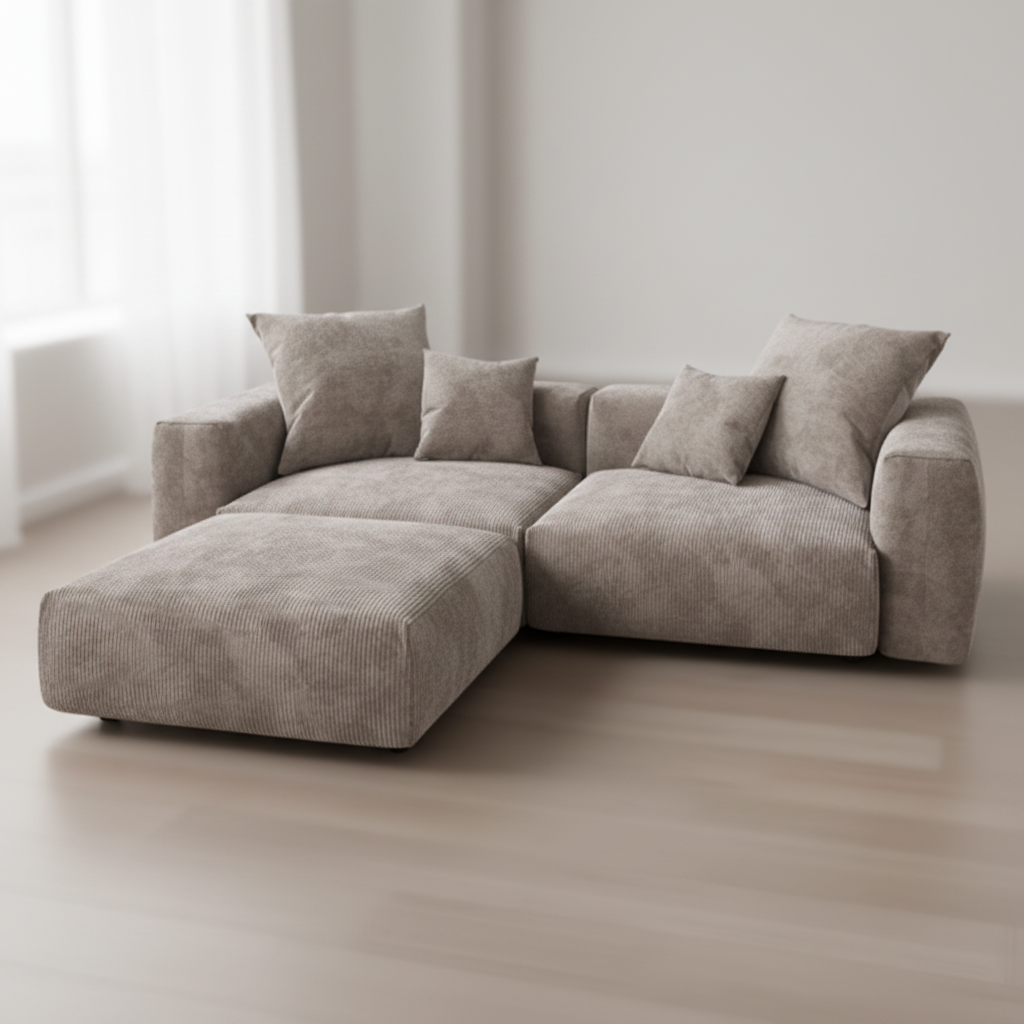 Corduroy L-Shaped Sofa close up showing ribbed fabric texture and cushion detail