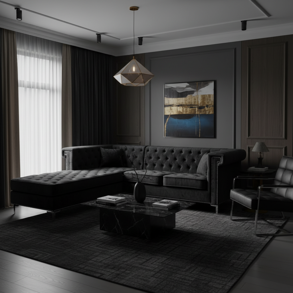 Black velvet tufted sofa in luxurious dark modern living room