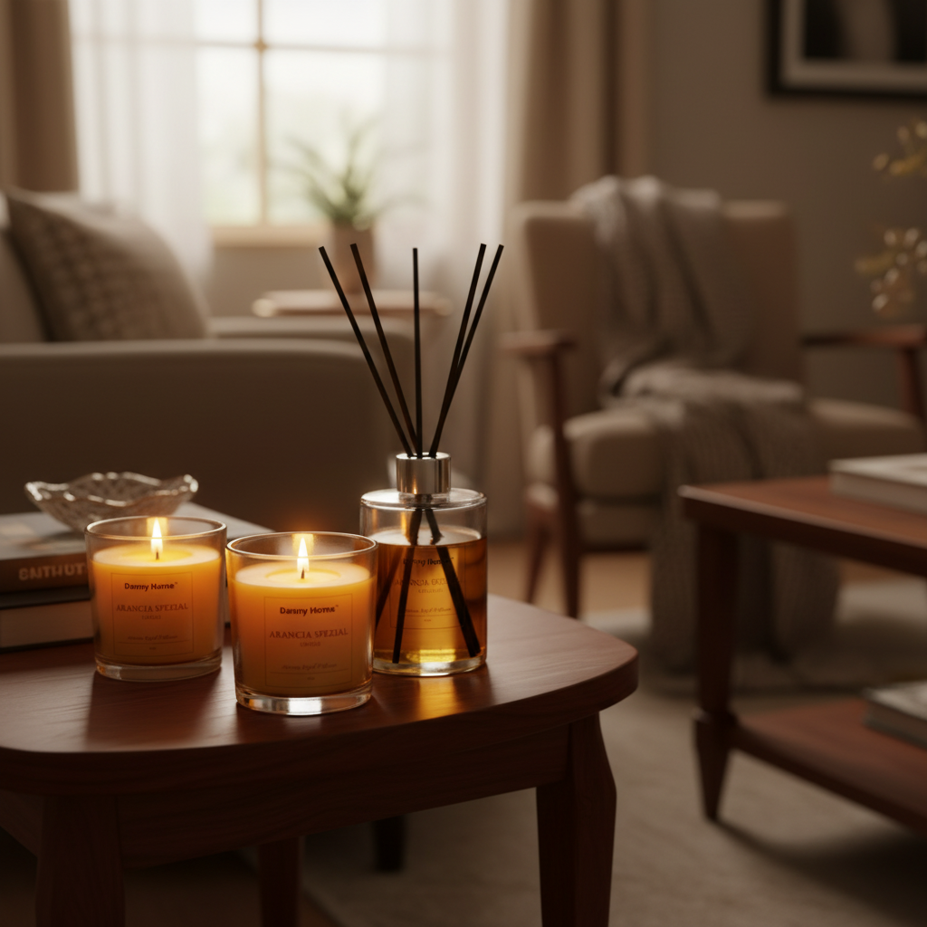 Danny Home Arancia Spezial amber candles lit on wooden side table in cosy living room warm light