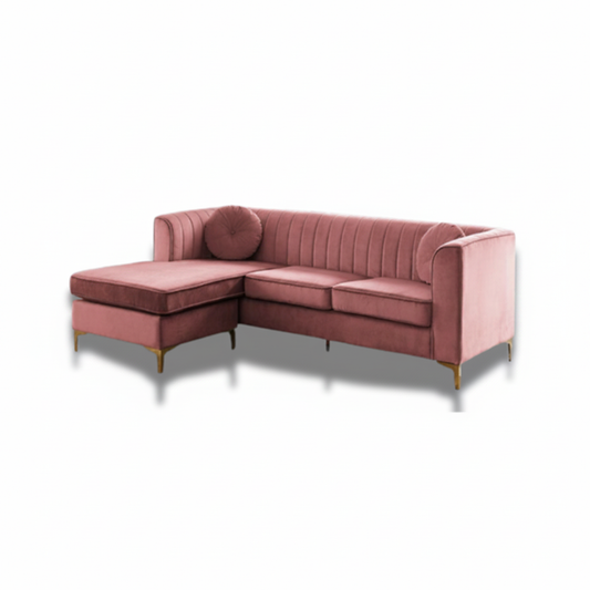 Blush pink velvet sofa on white background product shot