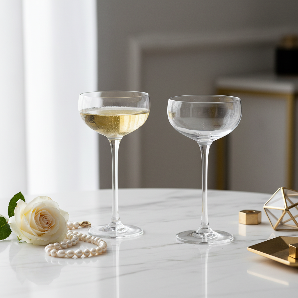 Danny Home coupe champagne glasses styled on white marble with flowers and pearl jewellery