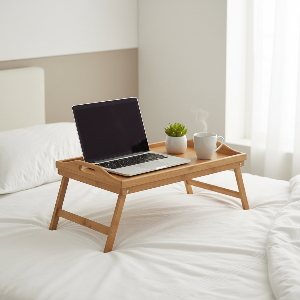 Danny Home bamboo bed tray table styled as work from bed setup with laptop and coffee