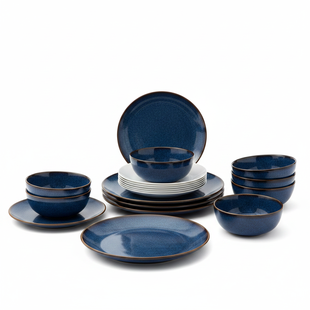 Homezaza Love Story 16-piece midnight blue reactive glaze dinnerware set hero shot