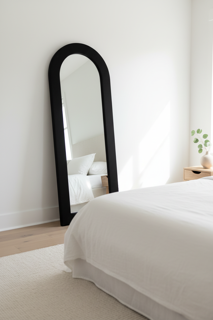 Arched black frame floor mirror against white wall in bright minimalist bedroom