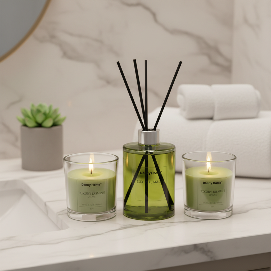 Danny Home Luxury Jasmine candles lit on bathroom marble vanity beside olive green reed diffuser