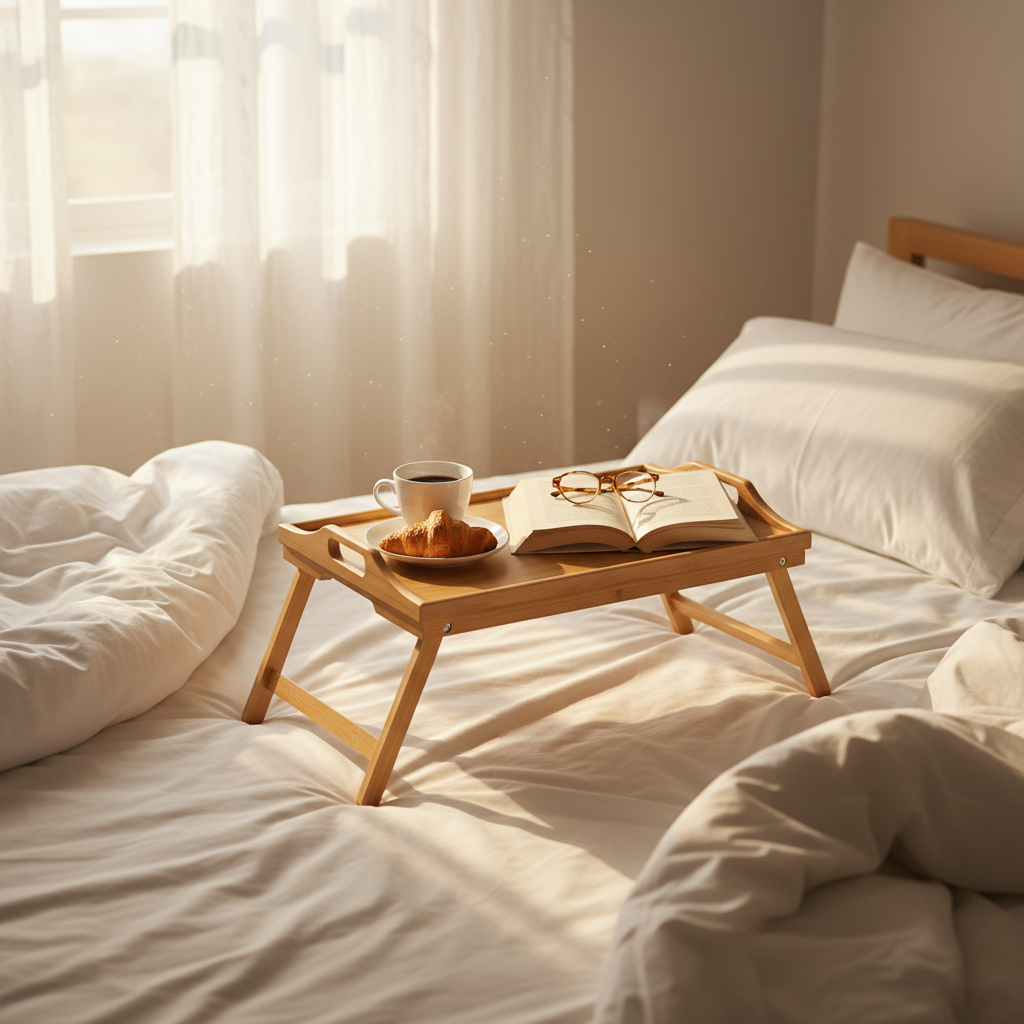 Danny Home bamboo bed tray table on cosy bed with coffee croissant and open book