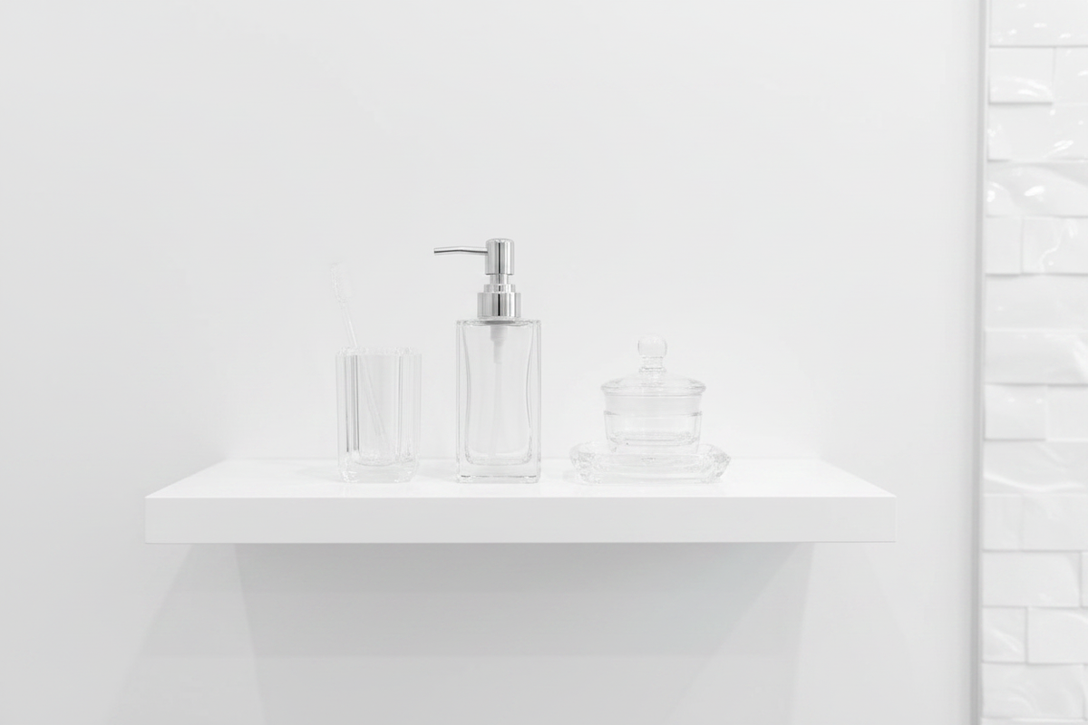 Clear crystal acrylic bathroom set on bathroom shelf lifestyle shot