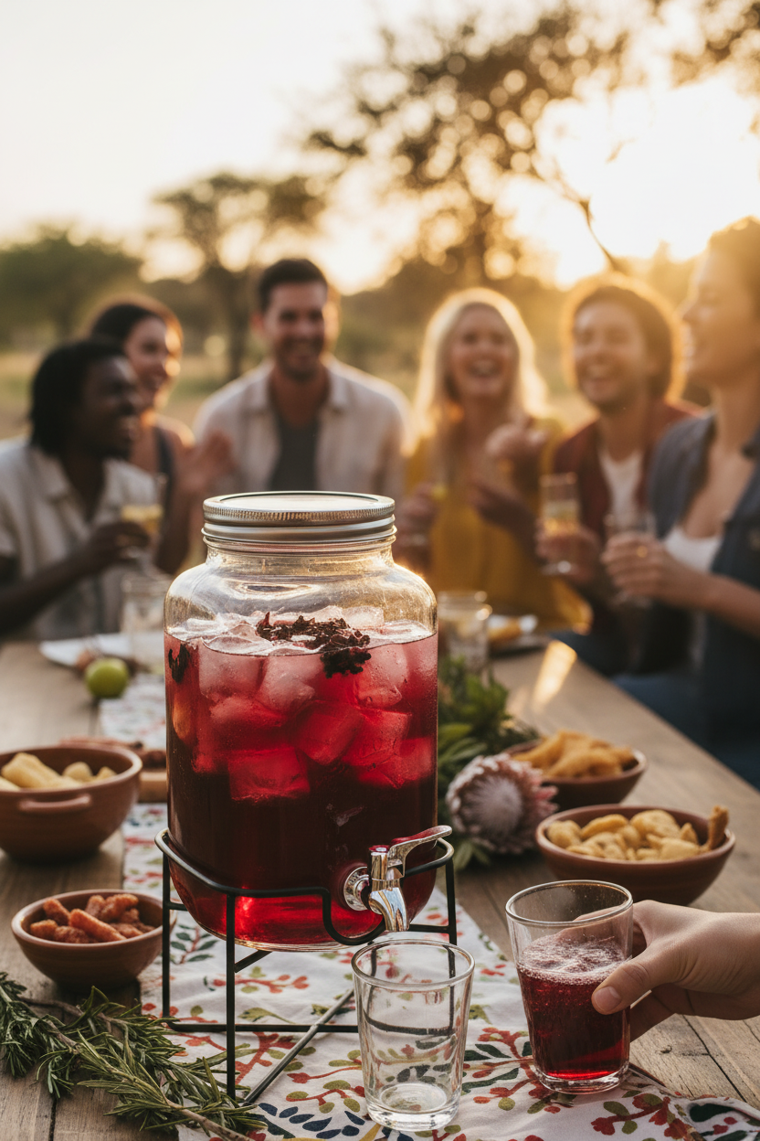 Drinks dispenser with hibiscus punch on braai table with friends