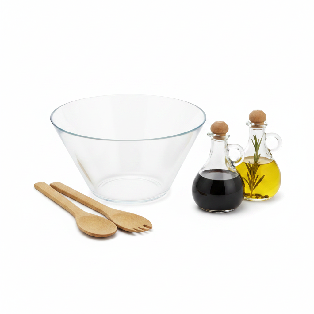 Danny Home Glass Salad Bowl and O&V Bottle 5-piece set hero studio shot