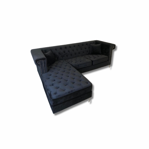 Black velvet tufted Chesterfield L-shaped sofa with silver nail head trim