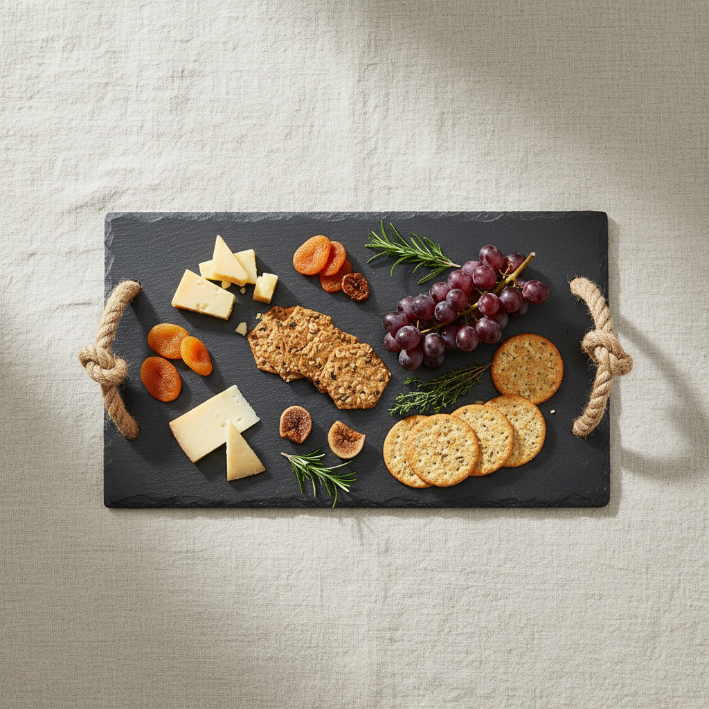 Overhead flat lay of Danny Home slate tray with charcuterie on linen surface