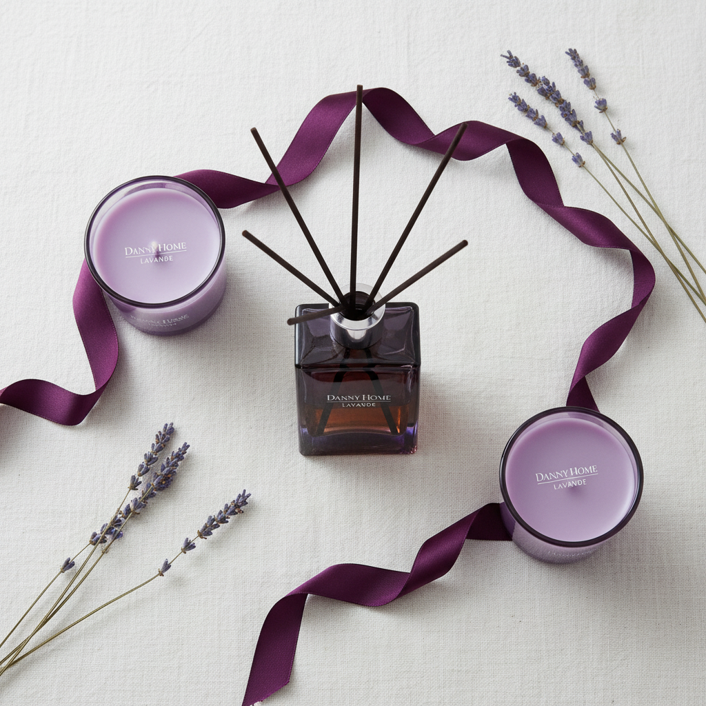 Overhead flat lay of Danny Home Lavande candles and reed diffuser on white linen with dried lavender