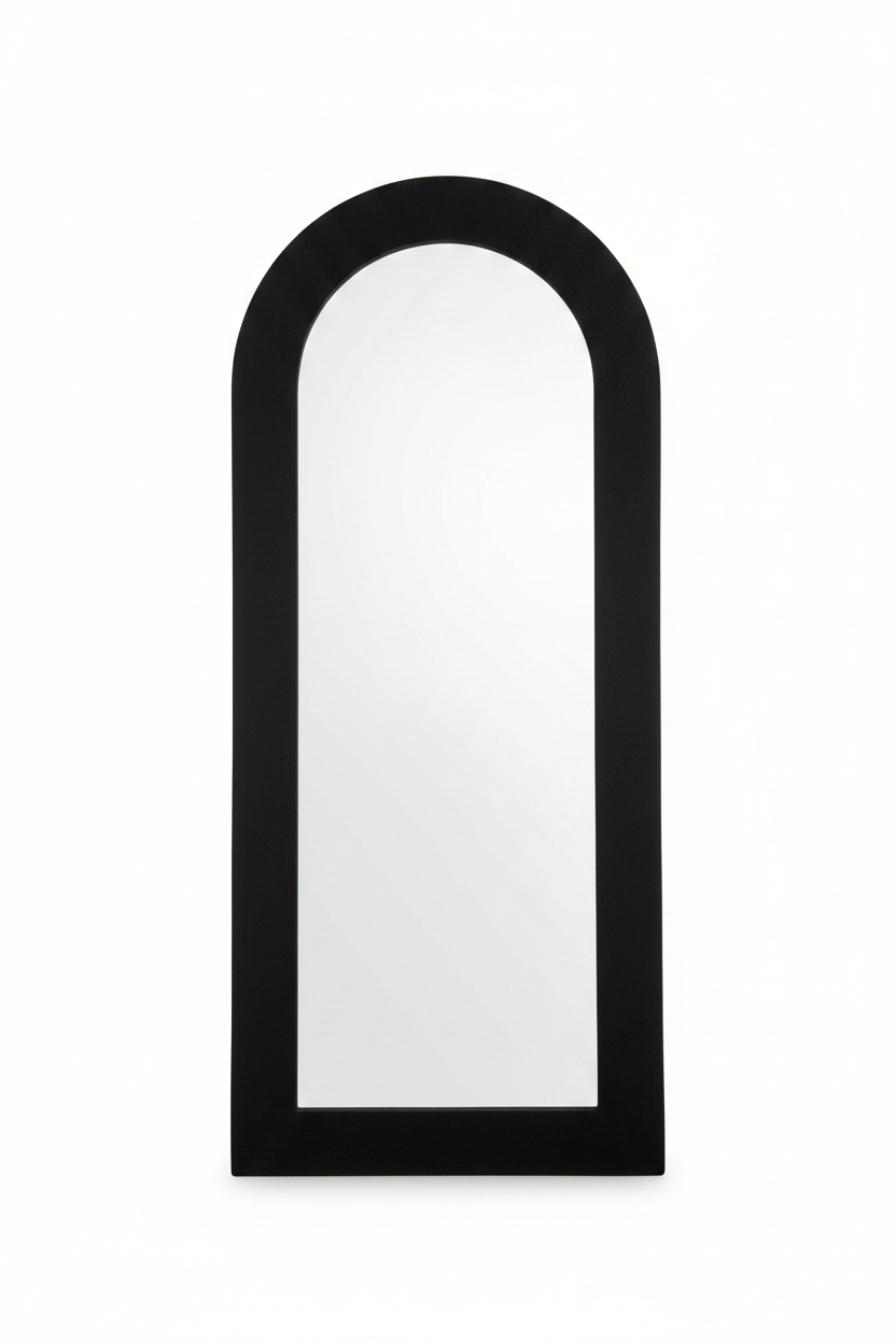 Full-length arched black frame floor mirror hero studio shot on white background