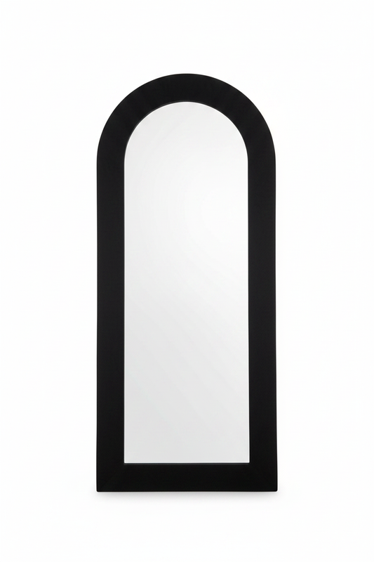 Full-length arched black frame floor mirror hero studio shot on white background