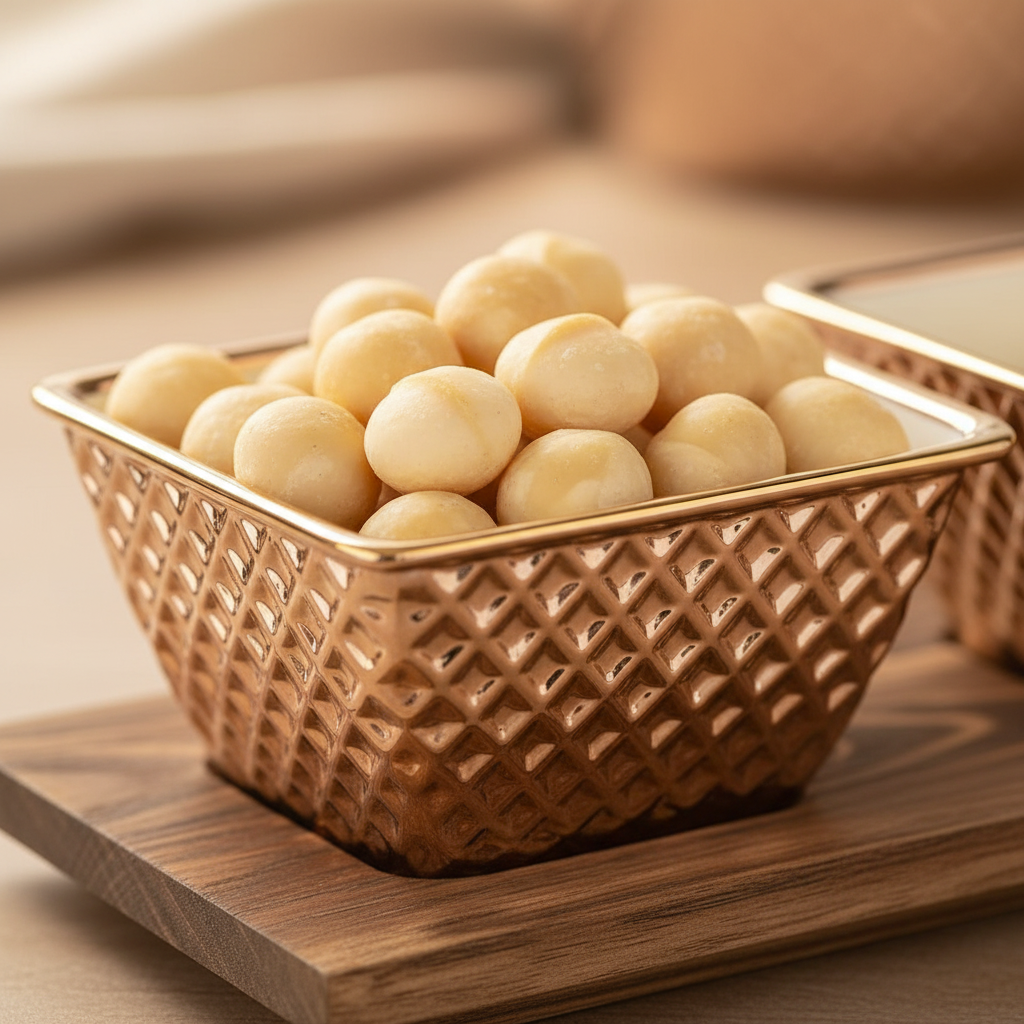 Close-up macro of single gilt porcelain bowl with gold rim and macadamia nuts