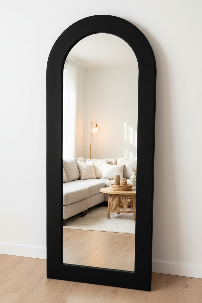 Arched black frame floor mirror in contemporary living room with neutral boho styling