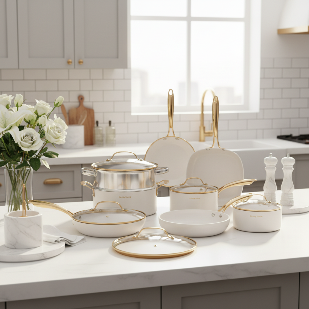 White and gold cookware set on modern kitchen counter with flowers and marble
