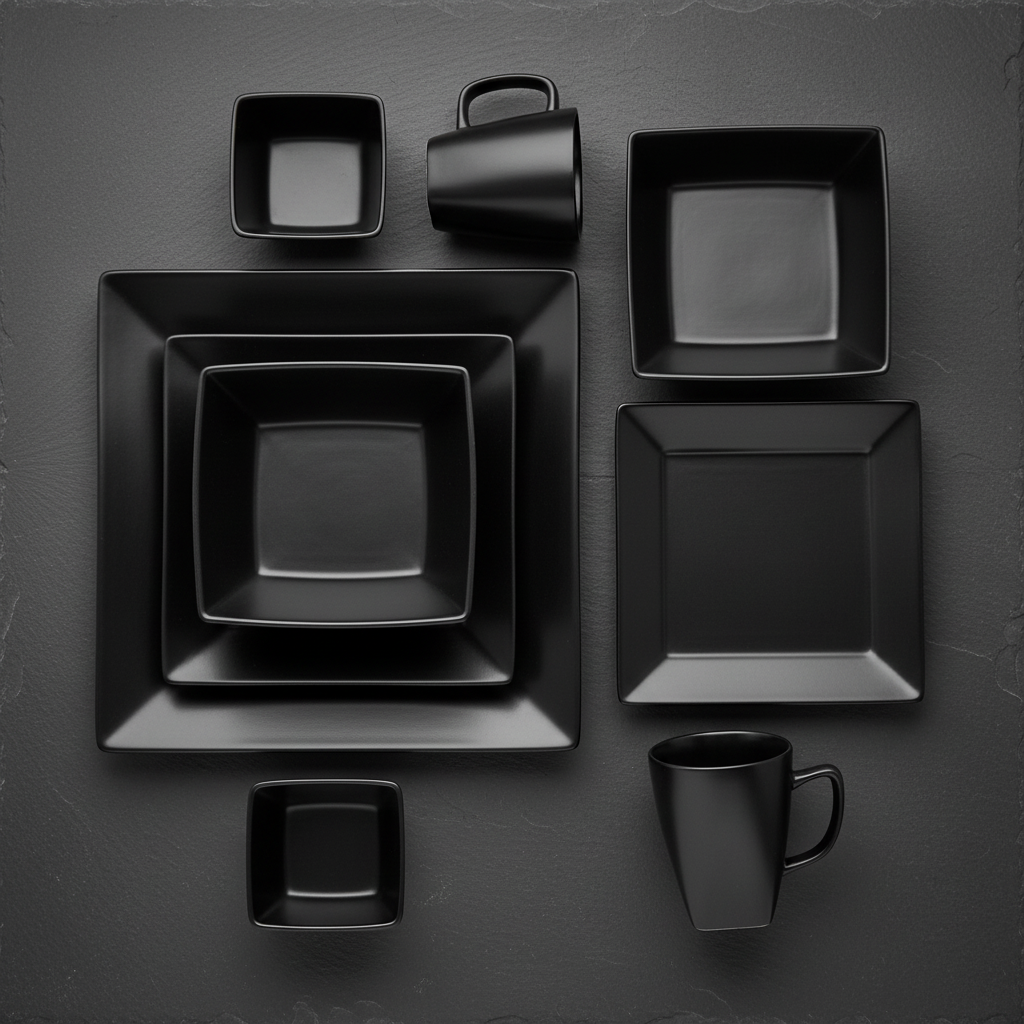 16-Piece Square Dinner Set flat lay on dark slate surface