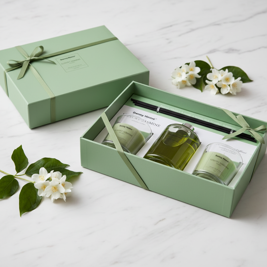 Danny Home Luxury Jasmine gift set in sage green ribbon box on marble with jasmine flowers