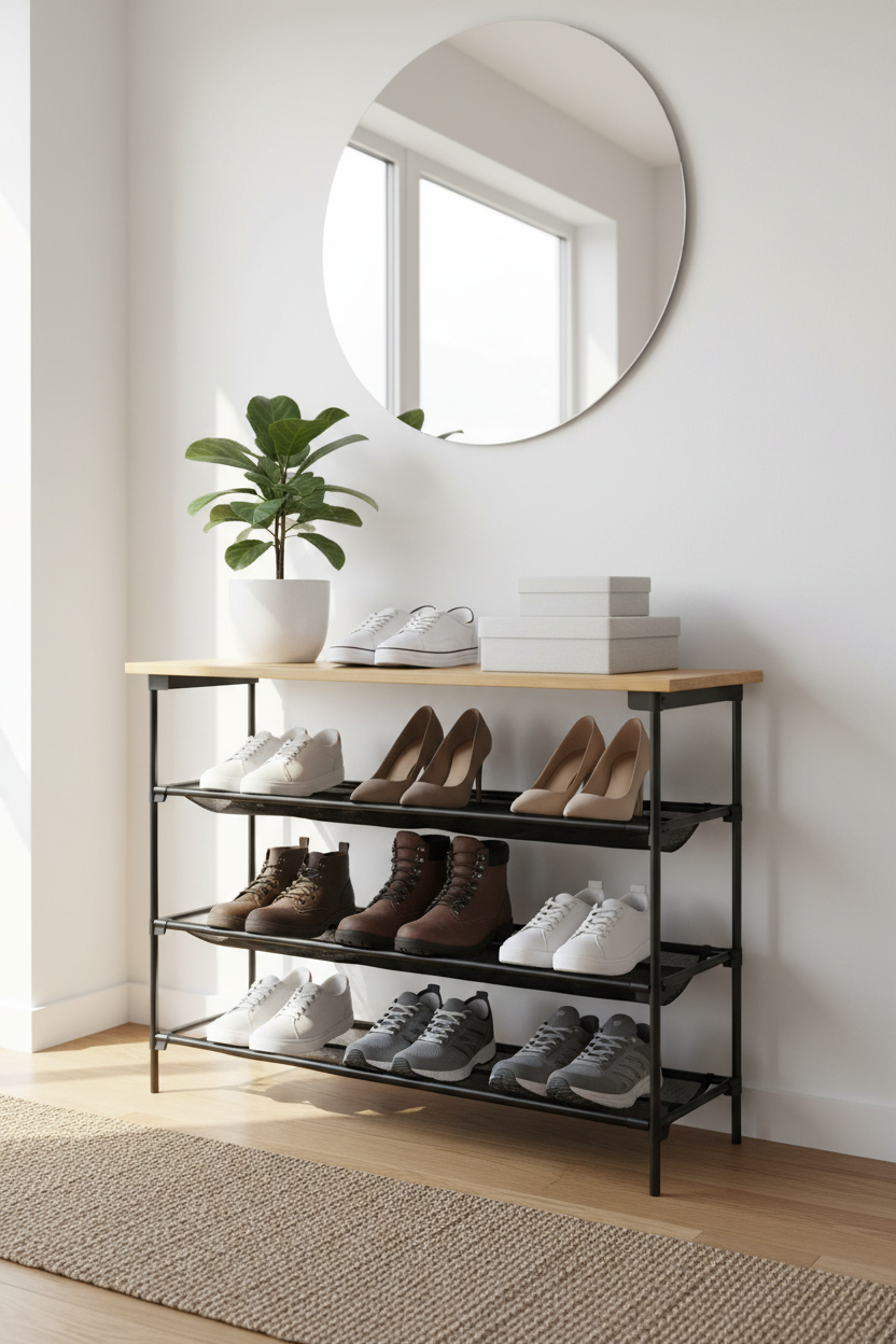 4-tier bamboo shoe rack with black metal frame styled in bright modern entryway