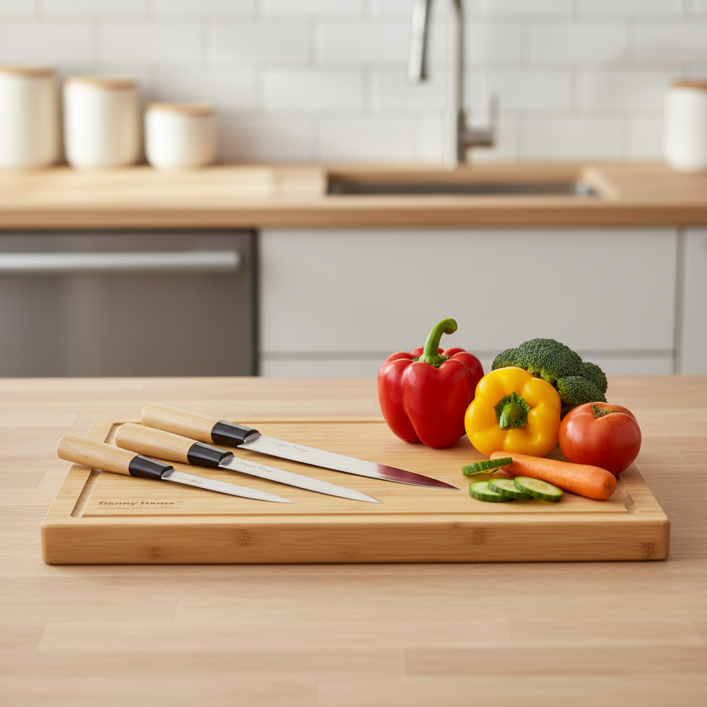 Danny Home bamboo cutting board and 3 knives in use on kitchen counter with fresh vegetables