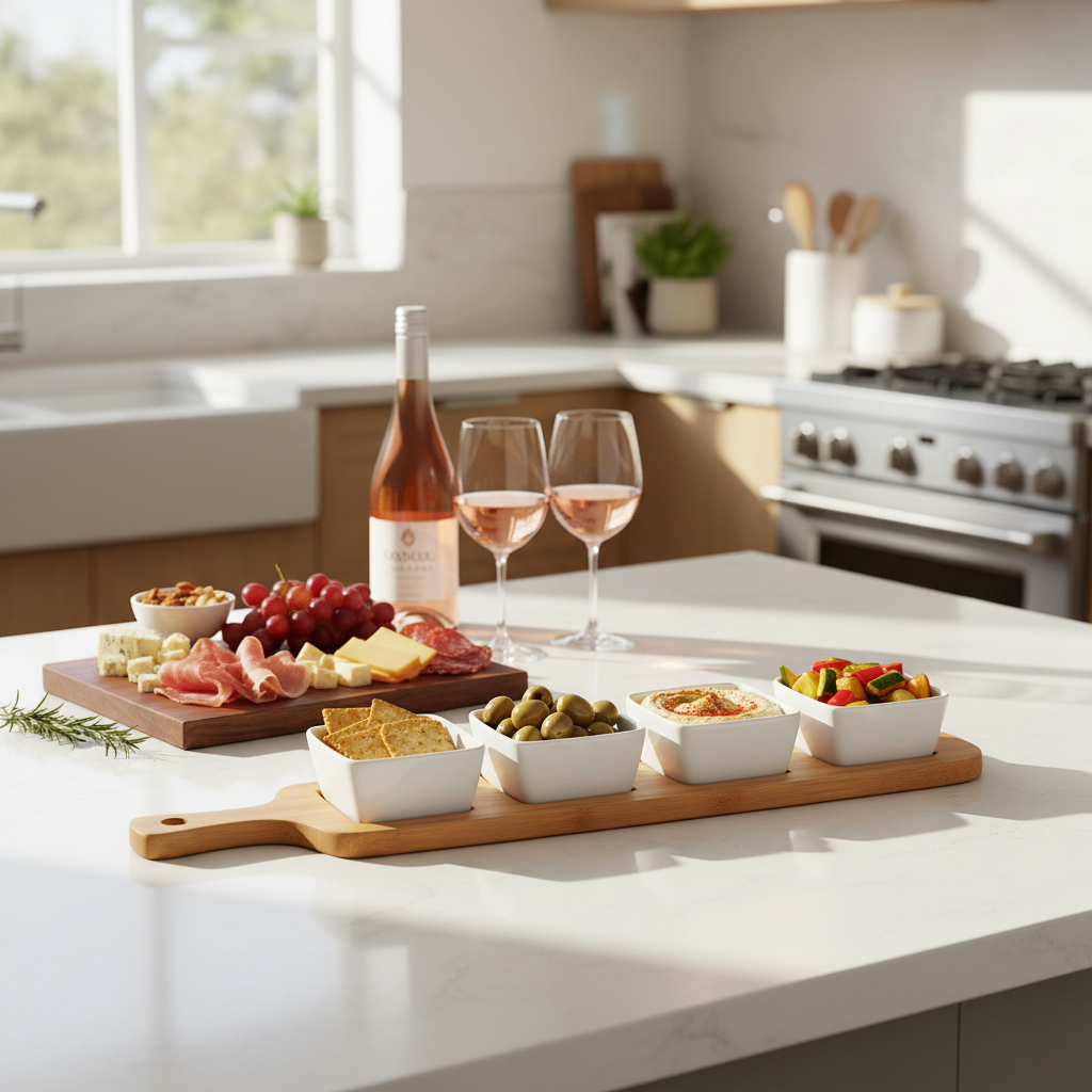 Bamboo paddle serving board with ceramic bowls and snacks on kitchen counter with wine