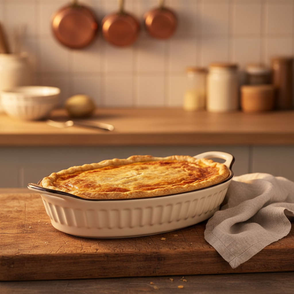 Close-up of cream fluted oval pie dish with fresh quiche straight from the oven