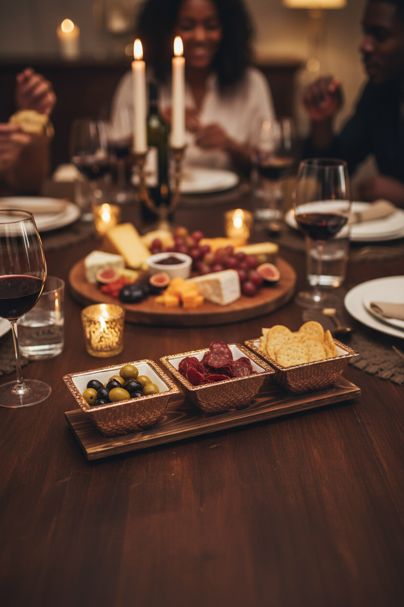 Gilt bowl set with olives and biltong at candlelit dinner party