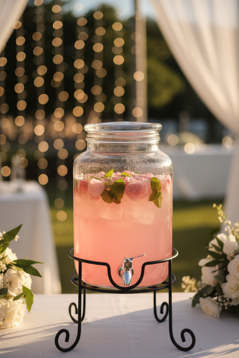 Glass dispenser on stand with blush mocktail at wedding garden party with fairy lights