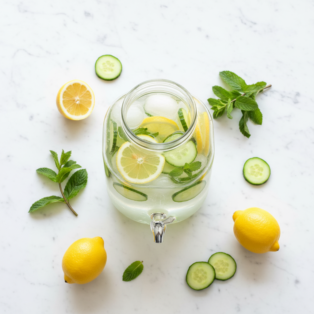 Overhead flat lay of drinks dispenser with lemons and mint on marble