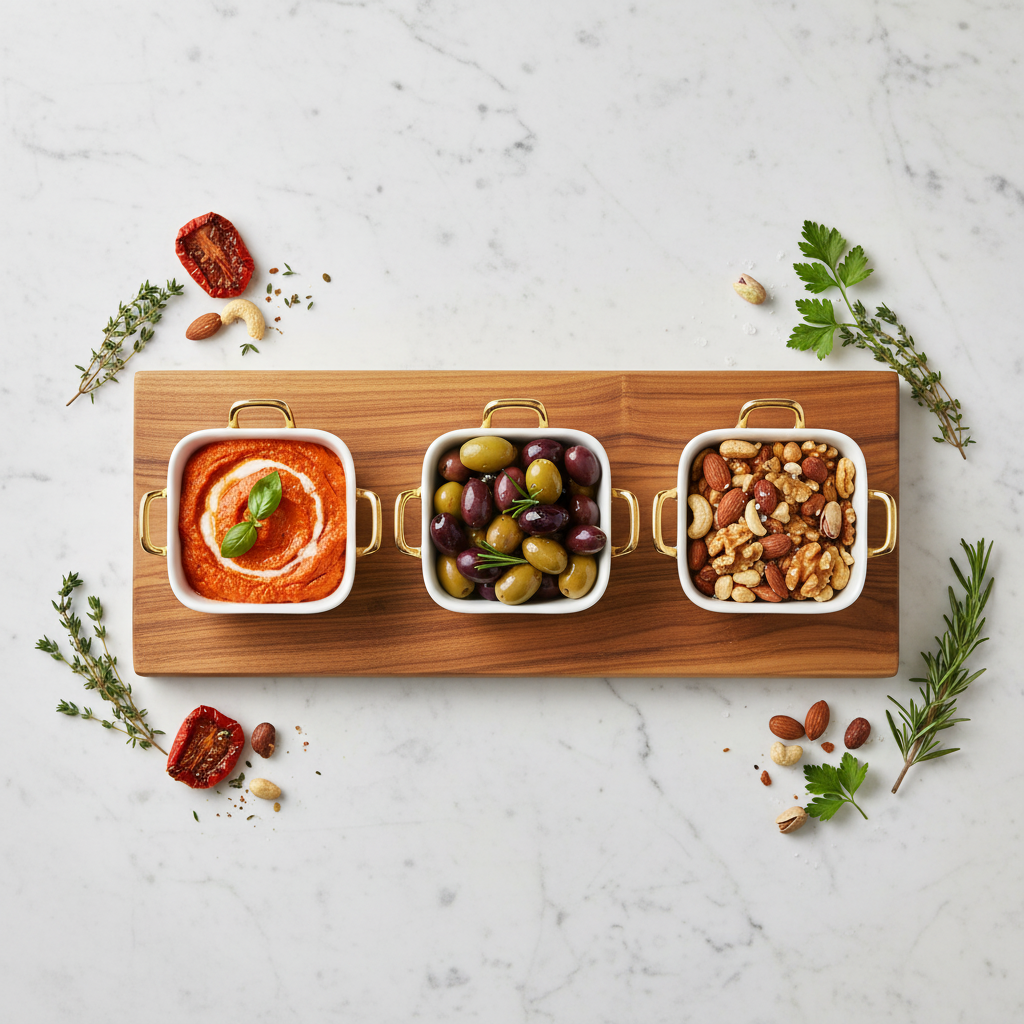 Overhead flat lay of acacia wood board with ceramic bowls on marble surface with herbs