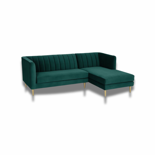 Emerald green velvet L-shaped sofa with channel tufting and gold legs