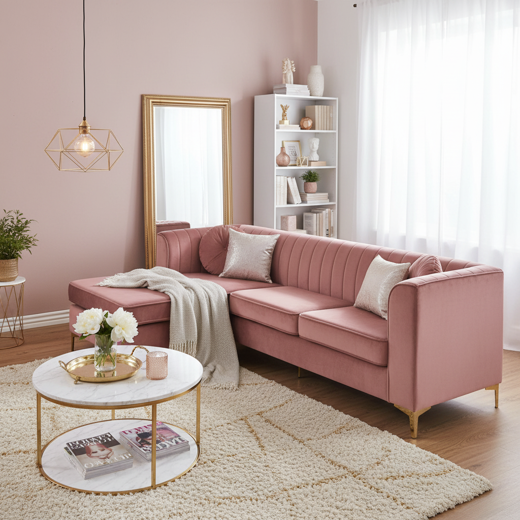 Blush pink velvet sofa in bright feminine modern living room