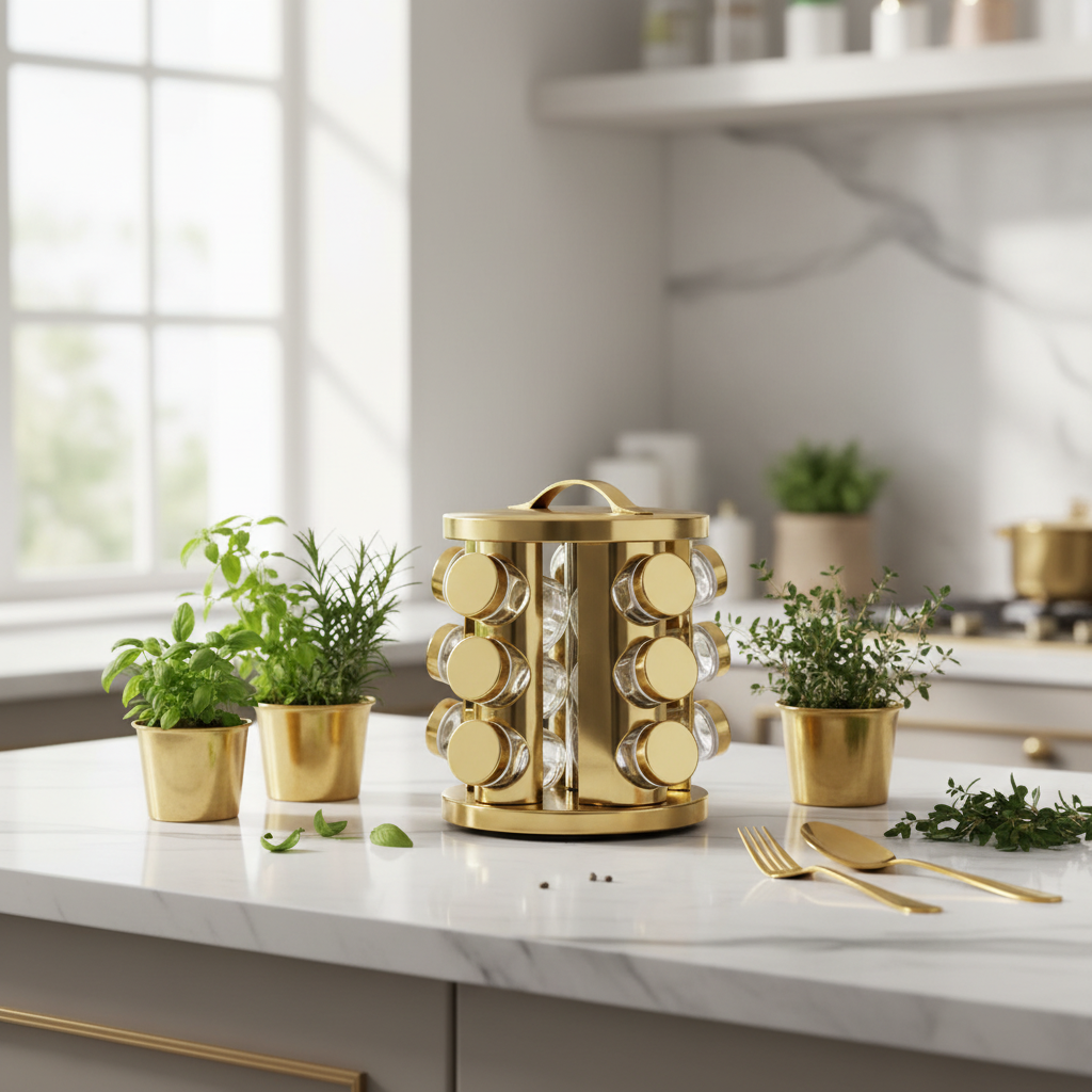 Gold rotating spice rack with glass jars on white marble countertop