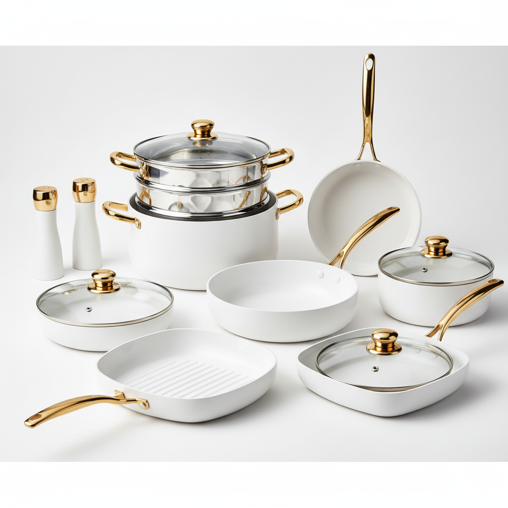 Full 12-piece white and gold cookware set on white studio background