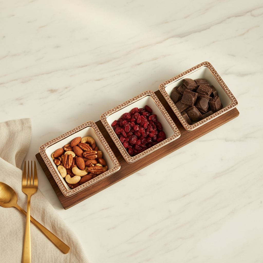Gilt porcelain snack bowl set with nuts and cranberries on marble