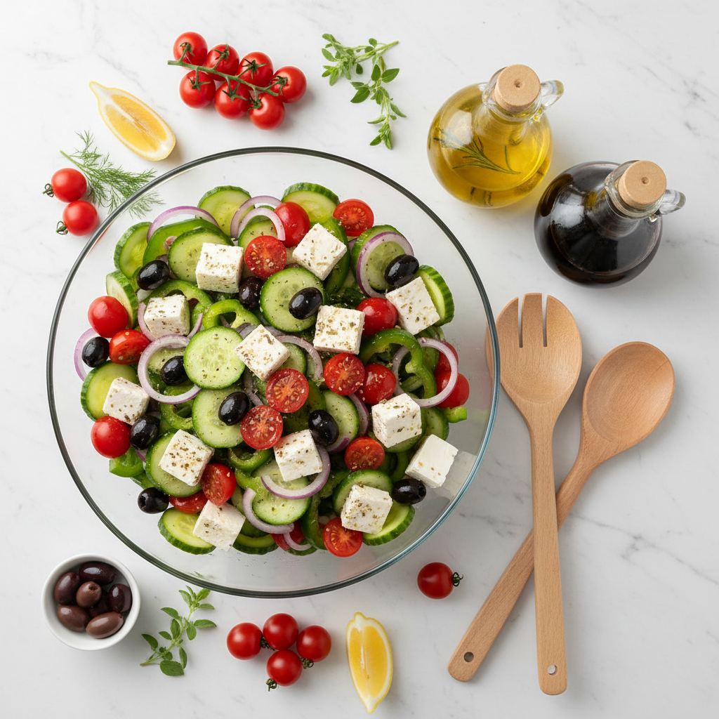 Overhead flat lay of glass salad bowl set on marble with fresh ingredients