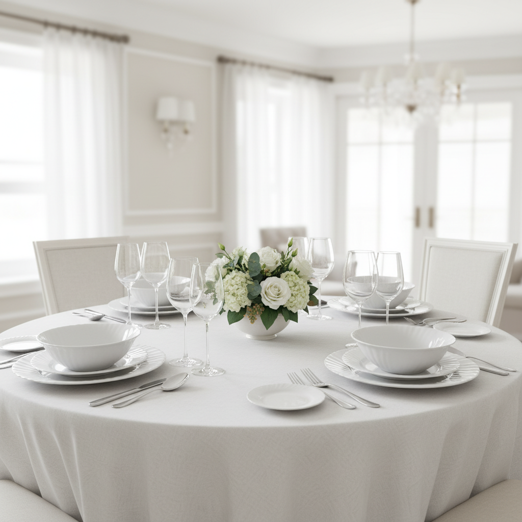 Danny Home Classic white dinnerware set laid out on dining table with wine and flowers
