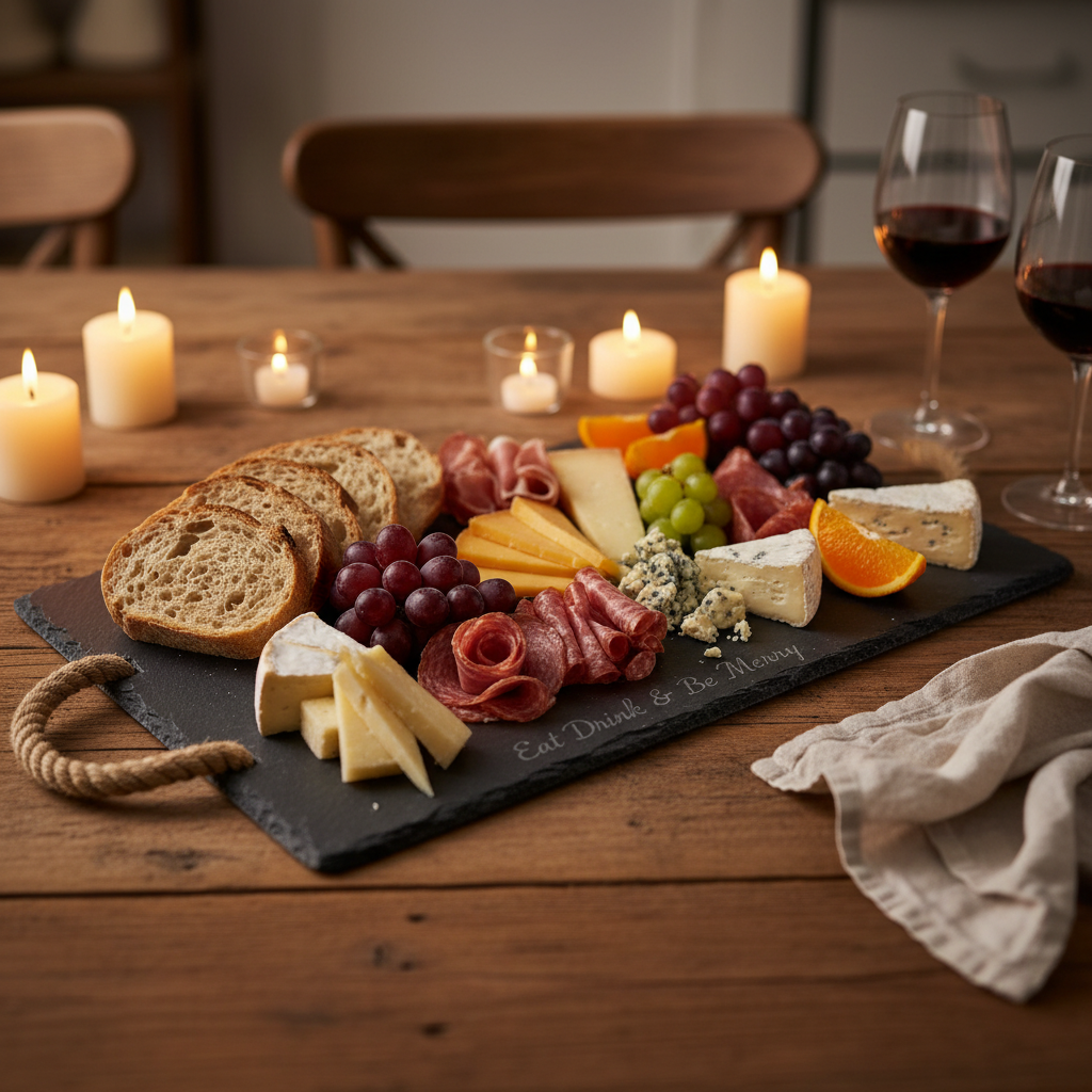 Danny Home slate tray loaded with charcuterie on candlelit dining table