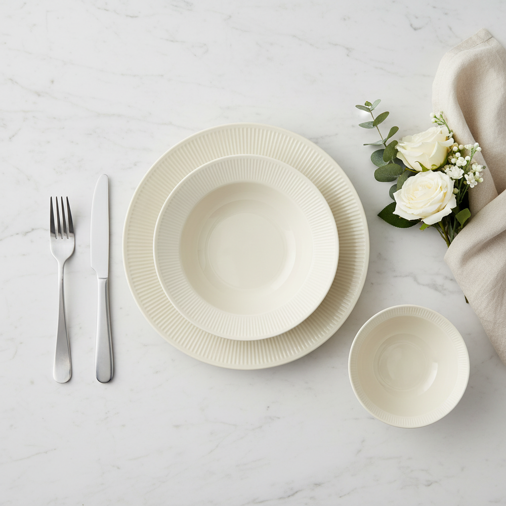Overhead flat lay of cream ribbed porcelain place setting on marble with linen and flowers